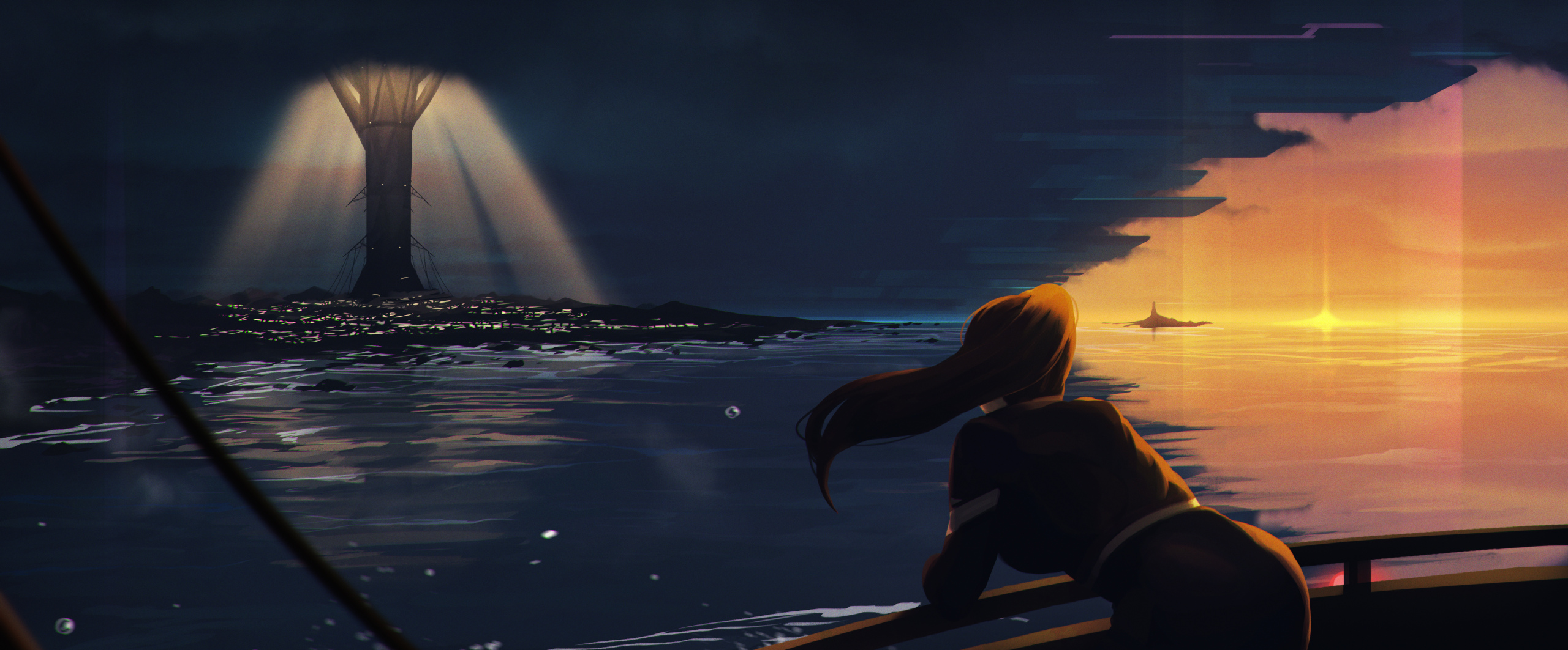 Concept art depicting a woman on the deck of a ship, gazing over the railing. In the distance she can see the shore with buildings lining the coastline. The view is dominated by a towering tree-like structure and the sky is blocked out by an oily black cloud.
